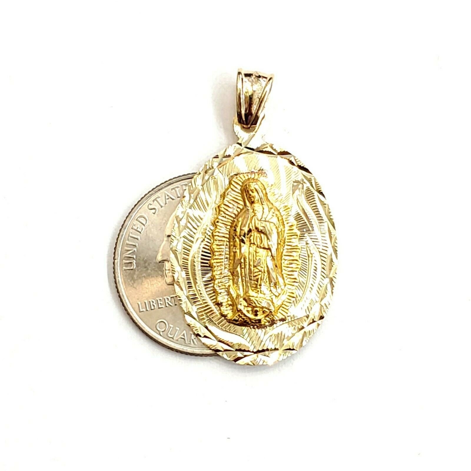14k Yellow Gold Oval Virgin Mary Guadalupe Religious Pendant Diamond ...