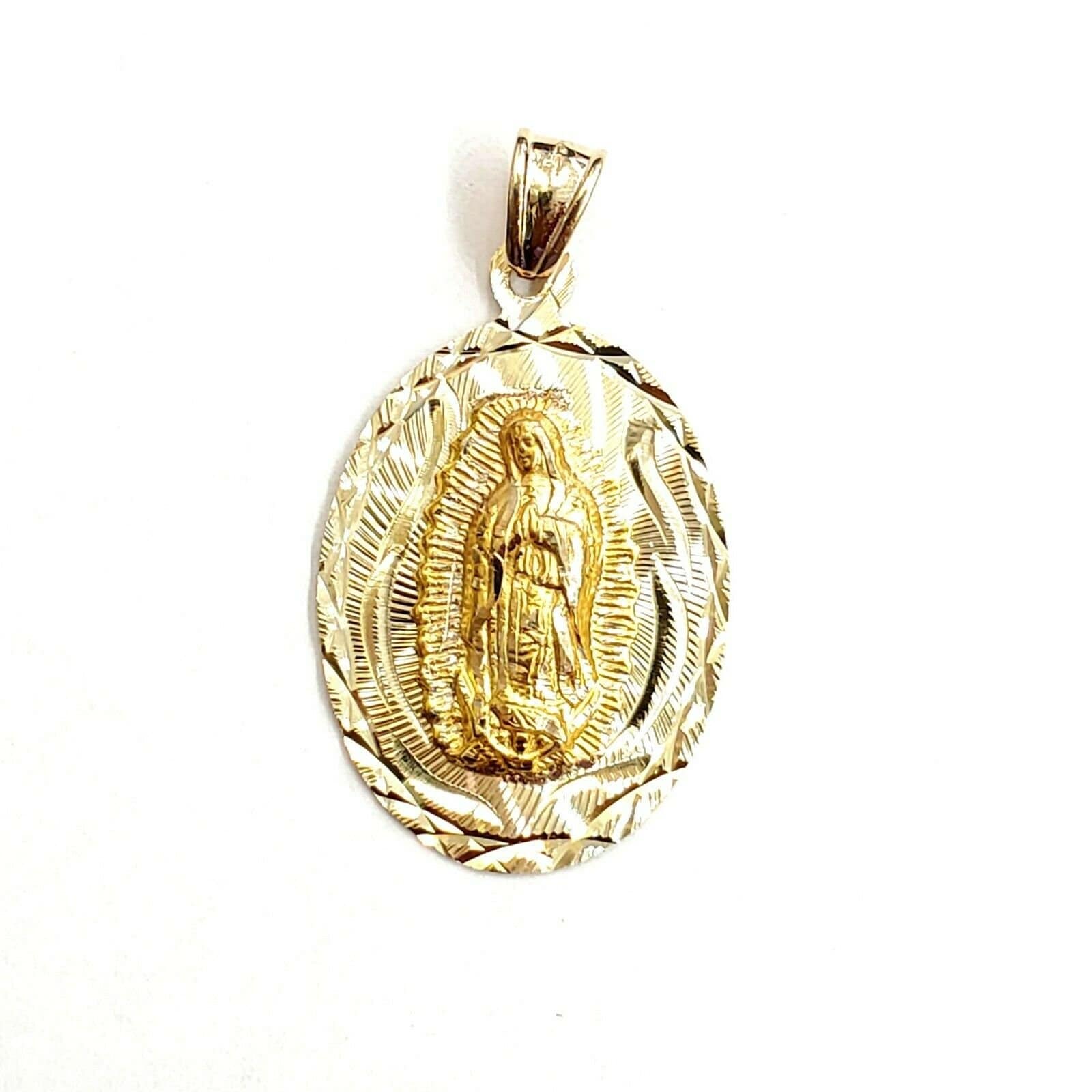 14k Yellow Gold Oval Virgin Mary Guadalupe Religious Pendant Diamond ...