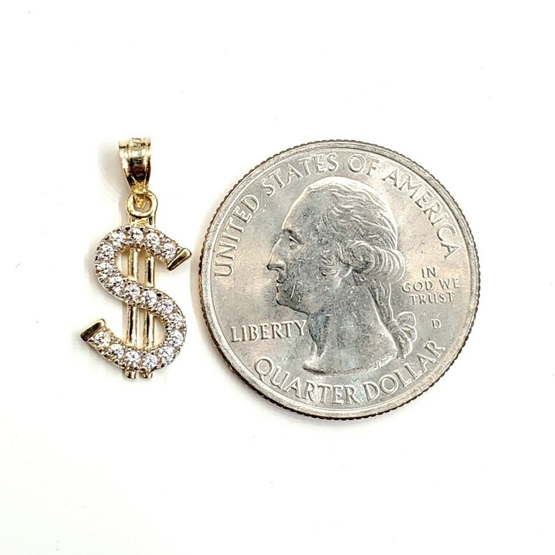 14k yellow gold tiny dollar sign lucky pendant charm cubic zirconia fine gift 1g