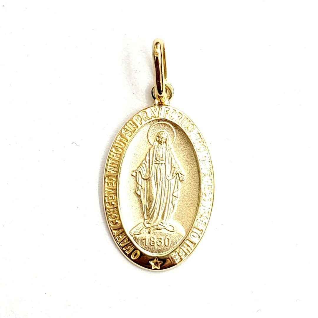 14k Solid Yellow Gold Oval Virgin Miraculous Milagrosa Pendant ...