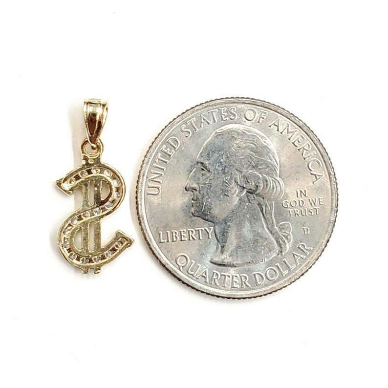 14k yellow gold tiny dollar sign lucky pendant charm cubic zirconia fine gift 1g
