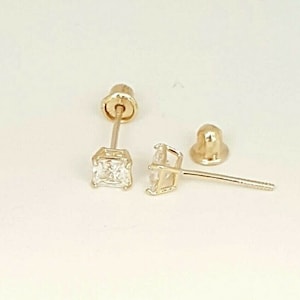 14k yellow Gold 3mm princess Cut stud Earrings cubic zirconia screw Back