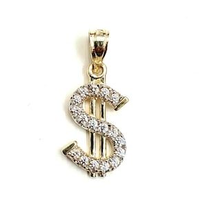 14k yellow gold tiny dollar sign lucky pendant charm cubic zirconia fine gift 1g