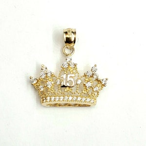 14k yellow gold 15 Años 15 years crown pendant cubic zirconia fine jewelry 2.2g