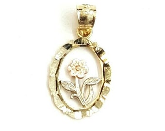 14k tri color solid Gold oval flower Pendant charm fine women gift jewelry  1g