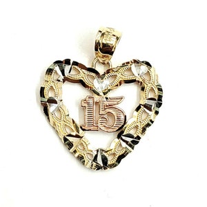New 14k tri color Gold heart 15 años 15 years Pendant charm fine jewelry 1.9g