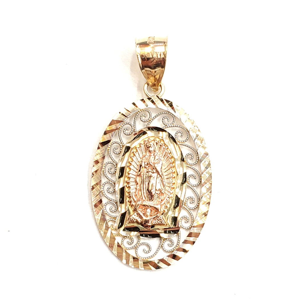 14k Multi Tone Gold Oval Virgin Mary Guadalupe Pendant Religious ...
