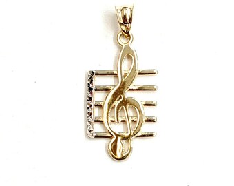 14k solid yellow Gold music sign note Pendant diamond cut fine jewelry gift 1.2g