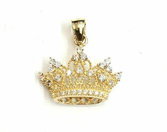 New 14k yellow gold crown pendant cubic zirconia fine gift jewelry for her 1.9g
