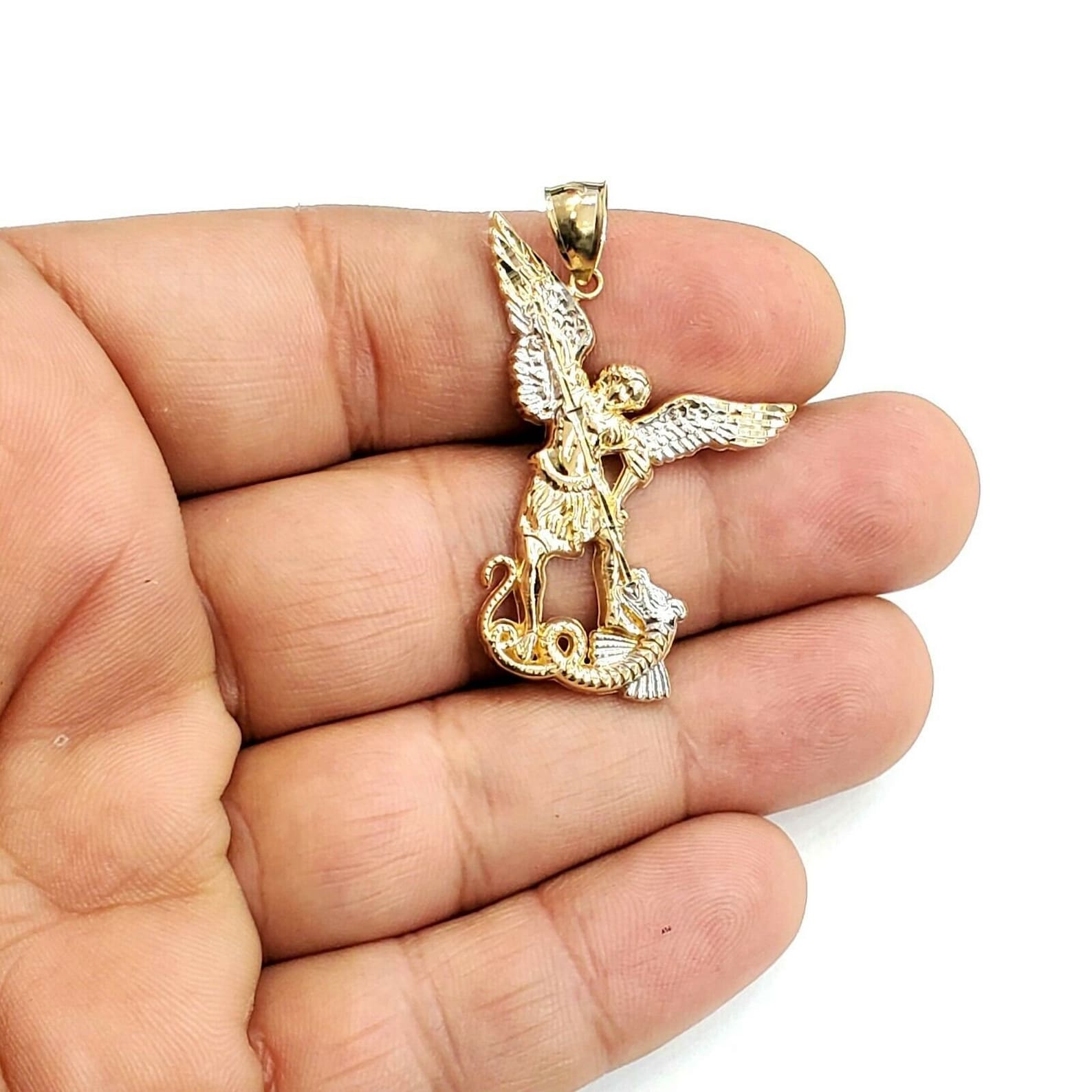 14k two tone gold saint Michael pendant charm fine religious Etsy