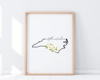North Carolina Map Art Print: Flowering Dogwood State Flower (Digital Download)