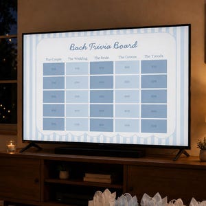 May include: A television screen displays a Bach Trivia Board game with a light blue and white striped background. The grid features categories including The Couple, The Wedding, The Bride, The Groom, and The Trends, each with point values from 100 to 500.