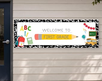 ようこそ学校へ バナー、作文ノートテーマ | 新学期向け Canva テンプレート | 小学校教室 | ようこそ1年生へ