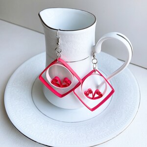 Square and lovely heart geometric earring, handmade paper art quilling jewelry dangle red heart earring, by yjmai