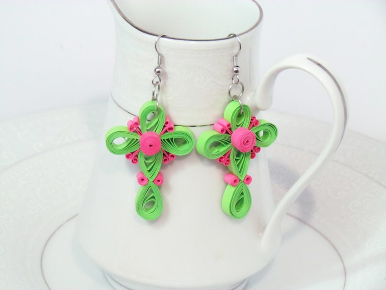 DIY cross quilled earrings handmade paper art quilling jewelry dangle earring accessories,special gifts for women by yjmai