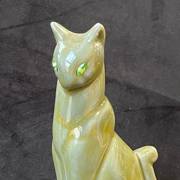 Grey Ceramic Cat Figurine | Art Deco Style with Green Rhinestone Eyes