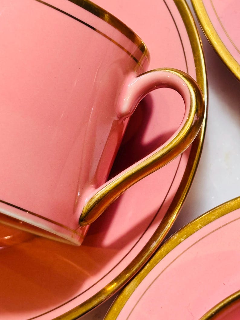 Pu&ograve; includere: Un set da t&egrave; rosa con bordo dorato. La tazza ha un manico delicato e il piattino ha un bordo largo.