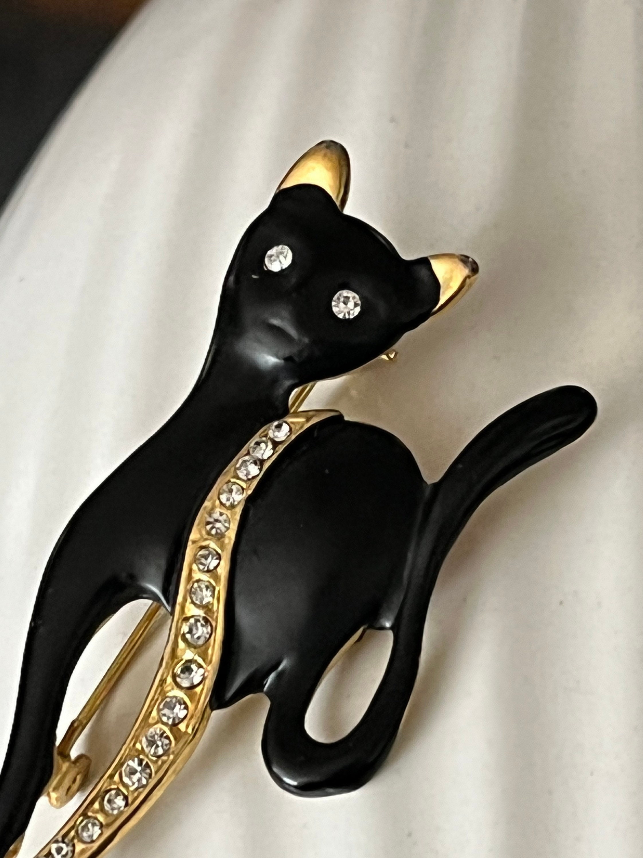 Black Cat Brooch | Gold & Diamond Like Adornment - Etsy