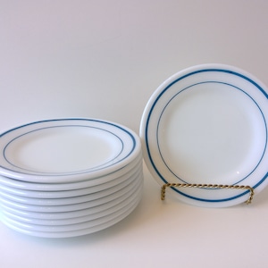 Pyrex Dessert Plates | white with blue stripe | Set of 10