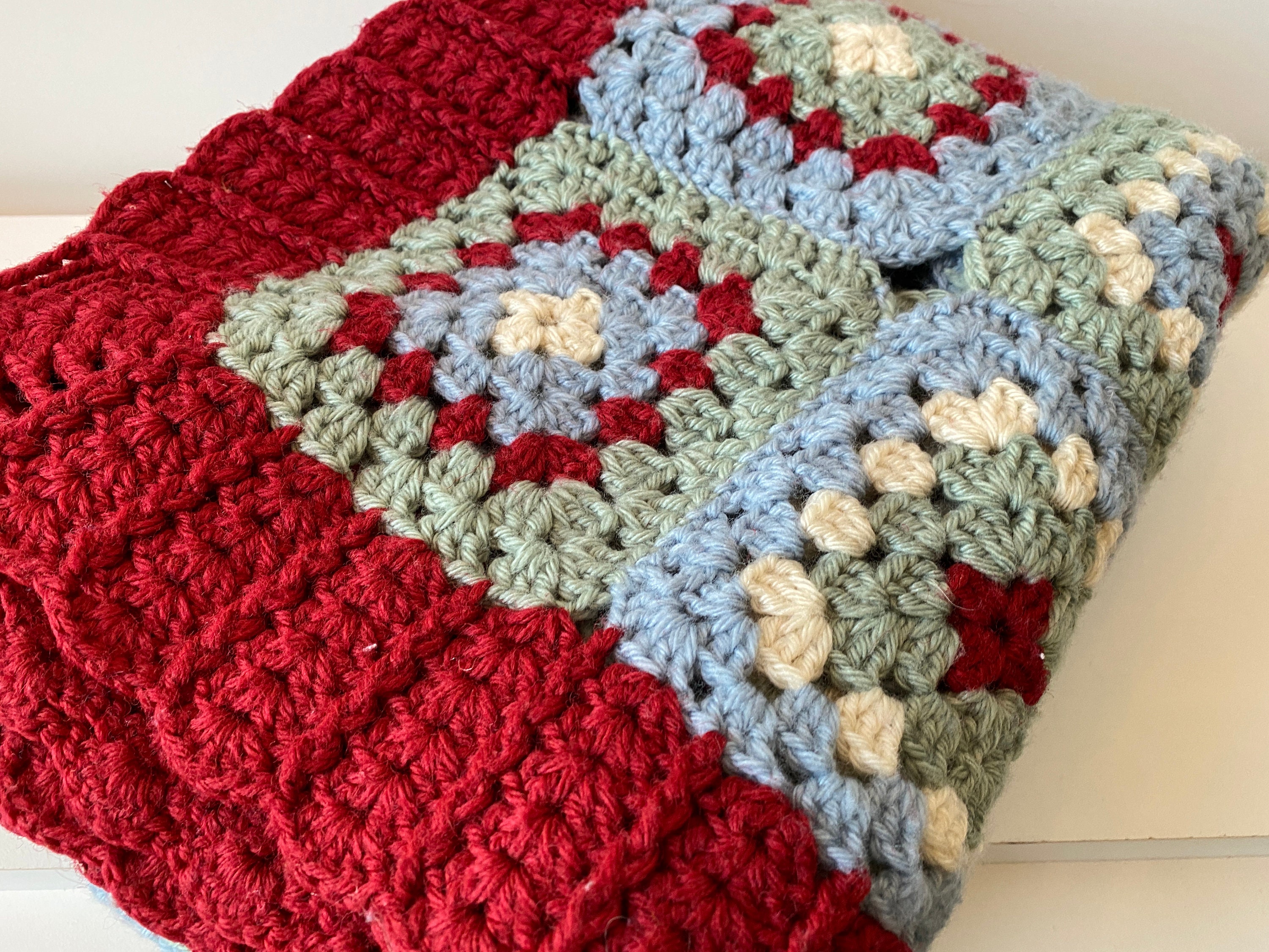 Granny Squares Handmade Knit Blanket Red and Blue Squares Etsy Canada