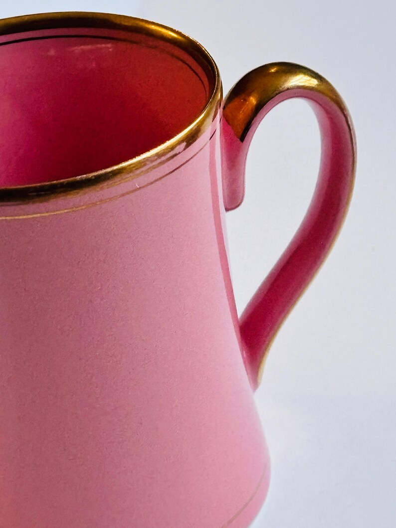 Pu&ograve; includere: Un'anfora in ceramica rosa con un bordo e un manico dorati. L'anfora ha una forma svasata e una finitura liscia e lucida.