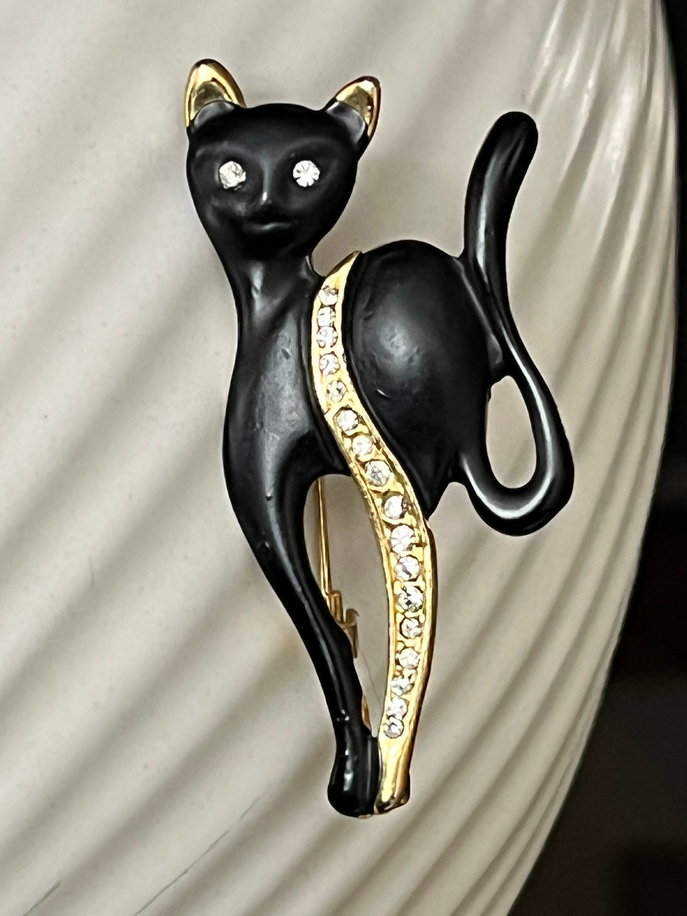 Black Cat Brooch Gold Diamond Like Adornment Etsy Australia