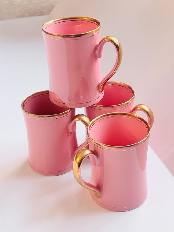 Vintage Pink Mugs, Gold Rim Handle, Fitz and Floyd Style Coffee Cups, Retro Pink Gold Ceramic Mugs, Cottagecore Kitchen Decor