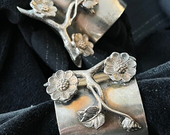 Silver Plated Napkin Holders | Flower and Plant Motif with vintage initials Mary and John