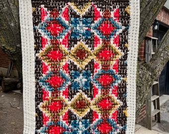 Vintage Needlepoint Wall Hanging, Handmade Geometric Cross Stitch Tapestry, Bohemian Folk Art Textile, Colourful Wool Embroidery Panel