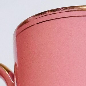 Pu&ograve; includere: Primo piano del bordo superiore di una tazza in ceramica rosa con un bordo dorato.