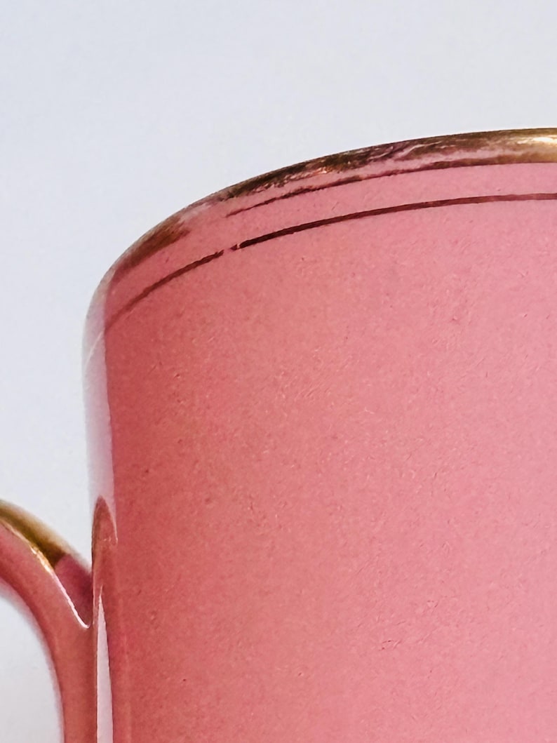 Pu&ograve; includere: Primo piano del bordo superiore di una tazza in ceramica rosa con un bordo dorato.