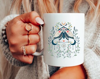 Boho Luna Moth Cottagecore Coffee Mug | Luna Moth Mug | Floral Nature Mug | Luna Moth Coffee Cup | Flower Garden Lover | Gift for Her | Mug