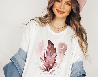 Boho Feather Shirt | Feather T Shirt | Cute Boho Tees | Celestial Boho Shirts | Boho Shirt Women | Celestial Feather Shirt | Boho Style Tees