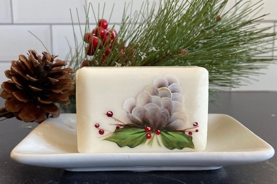HAND PAINTED Holiday Soap, Pinecones, Holly, Pointsetta, Decorative ...