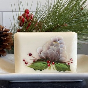 HAND PAINTED holiday soap, pinecones, holly, pointsetta, decorative soap, holiday gift, stocking stuffer