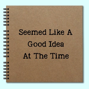 May include: A brown spiral bound notebook with the text "Seemed Like A Good Idea At The Time" printed on the cover.