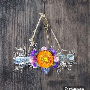 Selenite with Dried Flowers and Key For Over the Door Amulet Charm Talisman Crystal Satin Spar Wall Decor Witchcore Decorative
