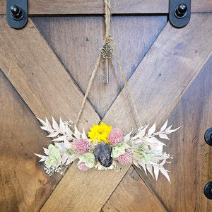 Selenite with Dried Flowers and Key For Over the Door Charm Amulet Talisman Witchcore Boho Bohemian Mother&#39;s Day Gift Idea Cottagecore