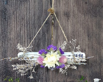 Selenite with Dried Flowers and Key For Over the Door Protection