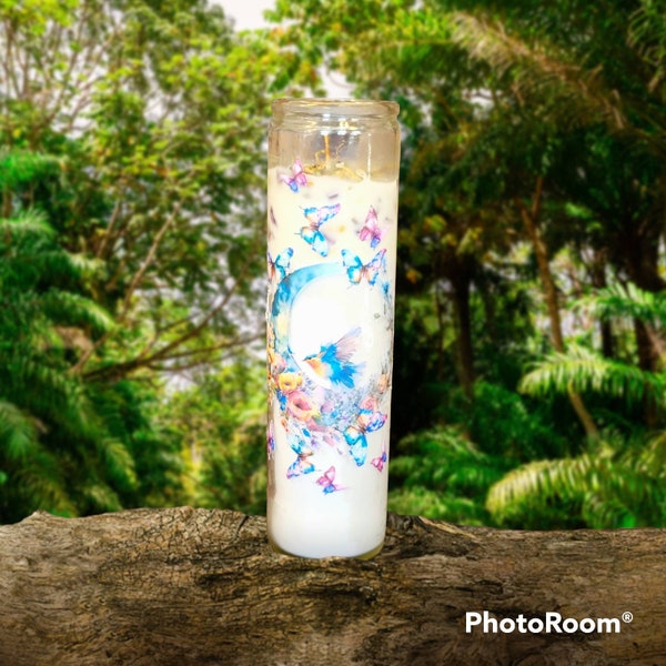 Moon and Butterflies Altar Candle with Herbs and Amethysts Crystals