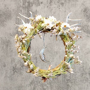 Imbolc Dried Flower Silver Antlers and Crescent Moon Mini Wreath