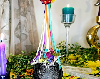 Beltane Mini May Pole Dried Flower Ribbon Cauldron Altar Decoration