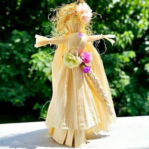 Corn Husks Doll with Dried Flowers and Amethyst -Harvest Blossom