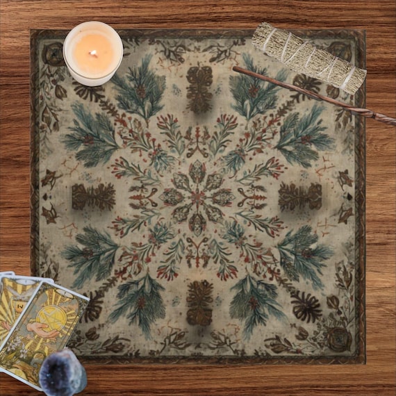 Rustic Yule Altar Cloth with Evergreens – 22" Winter Solstice, Pinecone and Red Berry Circle, Pagan Holiday Wall Hanging Witchcore Gift Idea