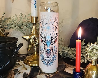 Yule Altar Candle – 8" Glass Jar with Herbs & Amethyst Crystals – Winter Solstice Witchy Decor - Witchmas/Witchcore Supplies and Tools