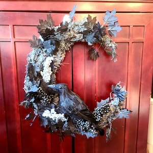 Cresent Moon Shaped Wreath Real Moss - Gray- with Black Crow