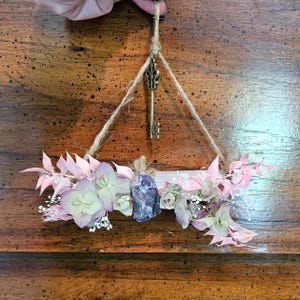 Over the Door Guardian: Selenite Wand Crystal with Dried Flowers, Amethyst, and Key Ward - Witchcore - Cottage Style Mother&#39;s Day Gift Idea