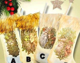 Greenman & Goddess Yule Stocking – Witchmas Witchcore Decor, Customizable Burlap Holiday Gift - Pagan Witchcore/Witchmas Gift Idea