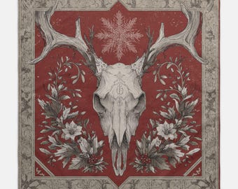 Red Stag Skull Altar Cloth – or Witchy  Wall Banner, Horned Skull Pagan Wall Hanging, Dark Forest Sabbat Decor - Witchcore