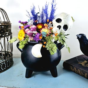 May include: A black cauldron-shaped vase with a white crescent moon, filled with colourful dried flowers and a white skull. The arrangement includes purple, yellow, and orange blooms, with blue accents. A decorative Halloween-themed centrepiece.